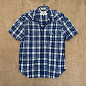 LUCKY BRAND Men’s Short Sleeve Shirt “Button” Snap Down Blue White Plaid Medium